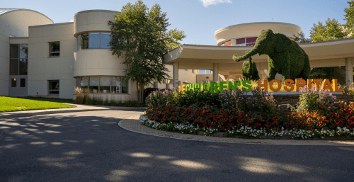 Exterior of Blythedale Children's Hospital with elephant topiaries